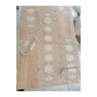 Salon Takımı Çeyizlik Krem Runner Set 5 Parça Keten Ranır Masa Konsol Sehpa Örtüsü Orkide