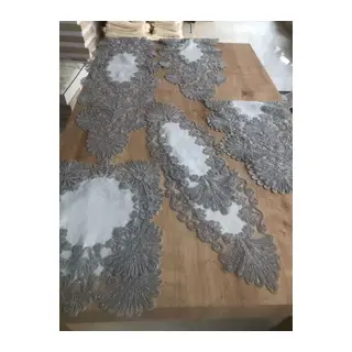Salon Takımı Çeyizlik Kreme Gri Runner Set 7 Parça Keten Ranır Masa Konsol Sehpa Örtüsü Palmiye