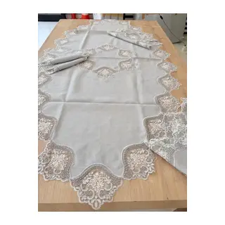 Salon Takımı Çeyizlik Gri Runner Seti 5 Parça Keten Ranır Masa Konsol Sehpa Örtüsü Selinda
