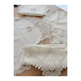 Salon Takımı Çeyizlik Krem Runner Seti 5 Parça Keten Ranır Masa Konsol Sehpa Örtüsü Taç MAhal
