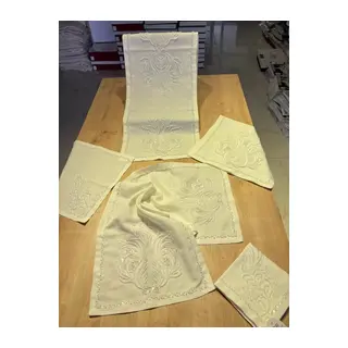 Salon Takımı Çeyizlik Krem Runner Seti 5 Parça Keten Ranır Masa Örtüsü Beyaz Boncuklu Lüx Set
