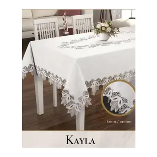 Keten Masa Örtüsü Tablecloth 155x260 cm Dantel Masası Örtüsü Kayla Model Krem