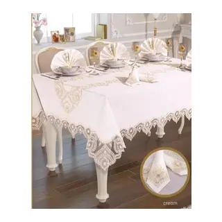 Kartanesi Gardenya Keten Yemek Takımı Masa Seti 12 Kişilik 26 Parça 160 × 220 cm Runner Set Krem