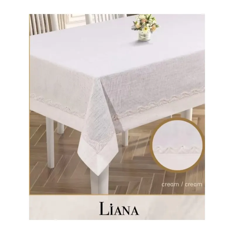 Keten Masa Örtüsü Tablecloth 160x260 cm Dantel Yemek Masası Örtüsü Liana Model Krem
