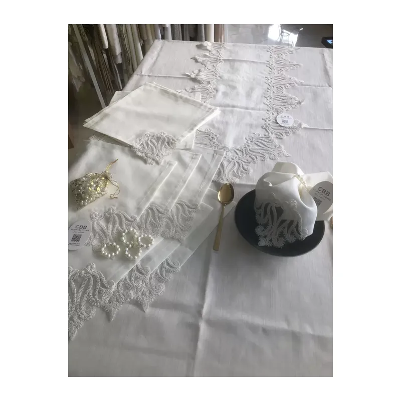 Sofra Takımı 155x220 cm Masa Seti Keten Dantelli Dekoratif Gülse Model Yemek Masası Örtüsü Krem