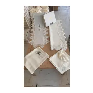 Sofra Takımı Mimoza Gardenya Keten Yemek Takımı 160x220 Masa Seti 26 Parça Runner Set Krem