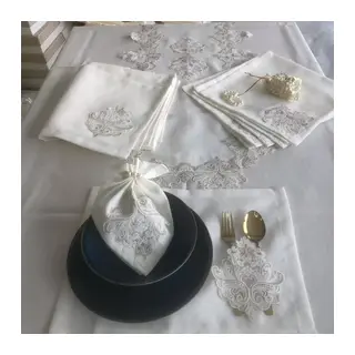 Sofra Takımı Mimoza Gardenya Keten Yemek Takımı 160x220 Masa Seti 26 Parça Runner Set Kreme Gold