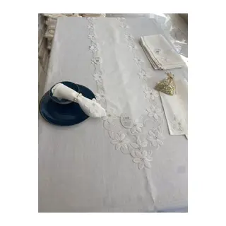 Sofra Takımı Evita Gardenya Keten Yemek Takımı 160x260 Masa Seti 26 Parça Runner Set Krem