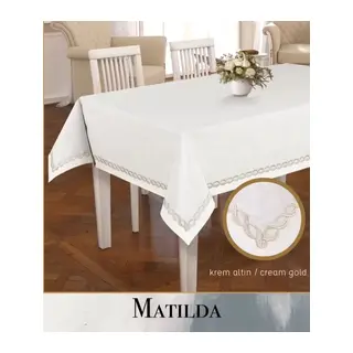 Keten Masa Örtüsü Tablecloth 155x220 cm Yemek Masası Örtüsü Matilda Model Krem-Altın