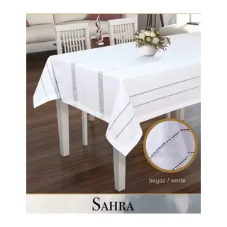 Polyester Ajurlu Keten Masa Örtüsü Tablecloth 160x260 cm Dantelli Yemek Masası Örtüsü Sahra Model Beyaz