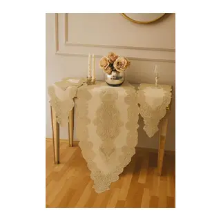 Angelika Model 236 Simli Gold 5 Parça Keten Dantelli Masa Örtüsü Runner Seti - 150x 60 cm