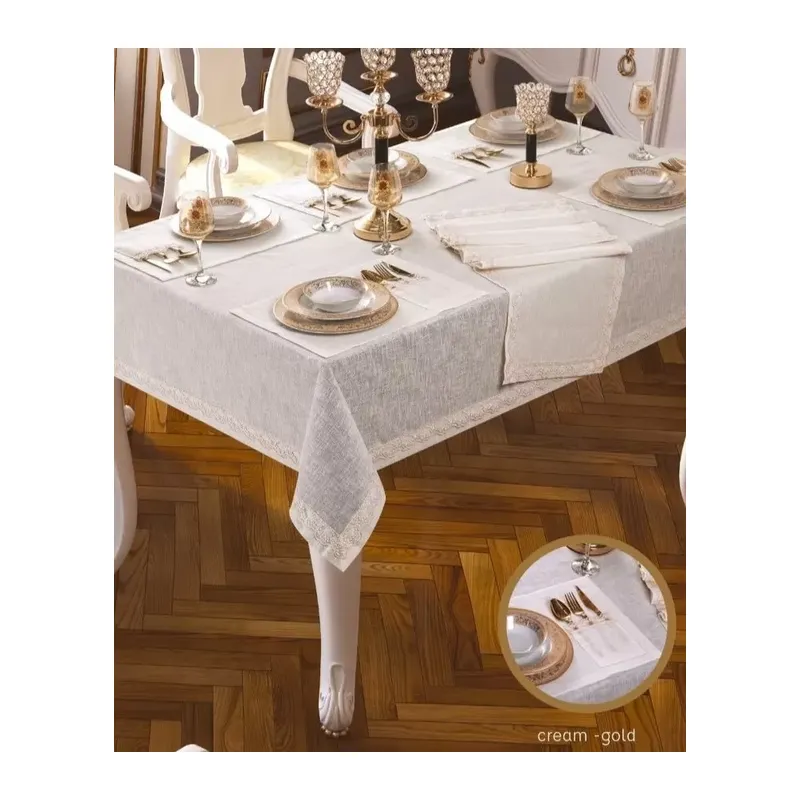 Zara Linen Yemek Takımı Masa Seti 12 Kişilik 26 Parça 160 × 220 cm Runner Set Krem