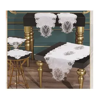 Salon Takımı 5 Parça Keten Dantelli Masa Örtüsü Runner Seti Anna Model - Krem