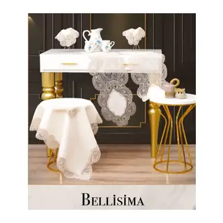 Salon Takımı 5 Parça Keten Dantelli Masa Örtüsü Runner Seti Bellisima Model No 800 -Krem-Kapiçino