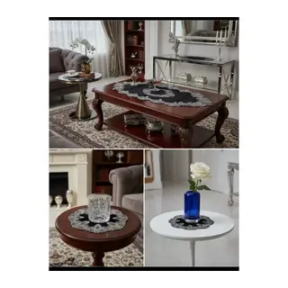Salon Takımı 5 Parça Velvet Kadife Dantelli Masa Örtüsü Runner Seti Elora Model No 3616- Siyah