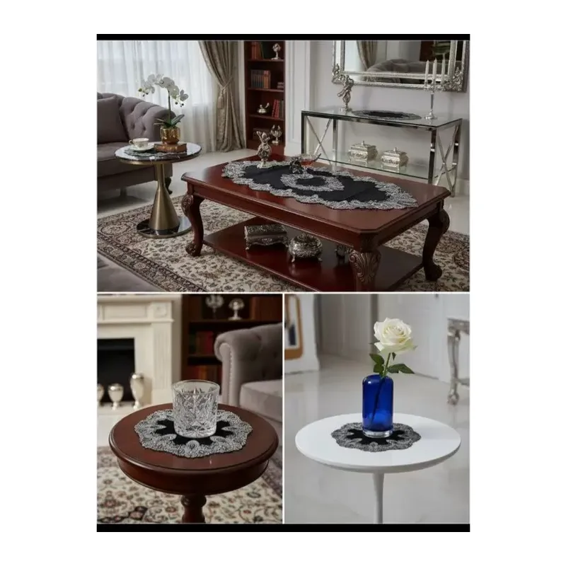 Salon Takımı 5 Parça Velvet Kadife Dantelli Masa Örtüsü Runner Seti Elora Model - Siyah