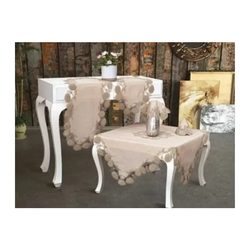 Salon Takımı 5 Parça Keten Dantelli Masa Örtüsü Runner Seti Çeyizlik Flowers Model Kapiçino