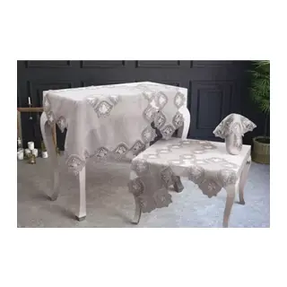 Salon Takımı 5 Parça Keten Dantelli Masa Örtüsü Runner Seti Çeyizlik Flowers Model No 9964 Kapiçino