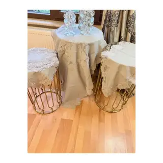 Salon Takımı 5 Parça Keten Dantelli Masa Örtüsü Runner Seti Çeyizlik Flowers Model Gri
