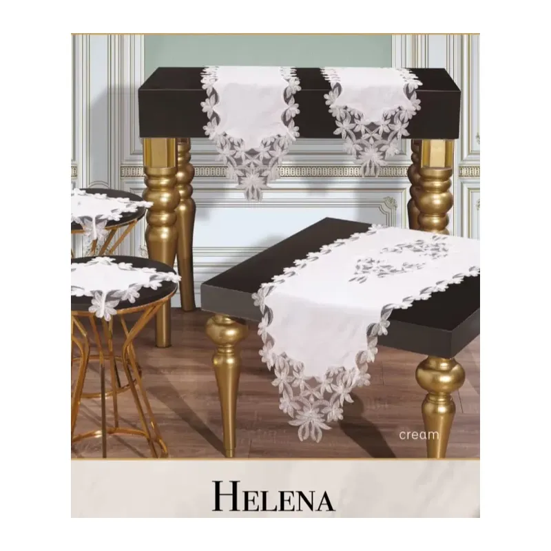 Salon Takımı 5 Parça Keten Dantelli Masa Örtüsü Runner Seti Çeyizlik Helena Model Krem