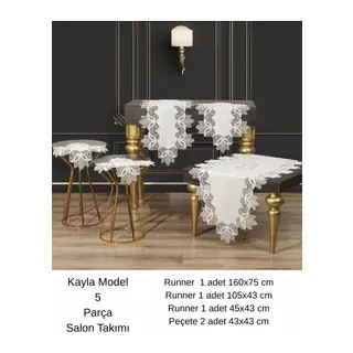 Salon Takımı 5 Parça Keten Dantelli Masa Örtüsü Runner Seti Çeyizlik Kayla Model Krem-Krem