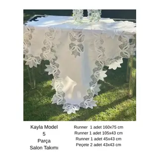 Salon Takımı 5 Parça Keten Masa Örtüsü Runner Seti Çeyizlik Kayla Model No 22252 Krem-Gümüş