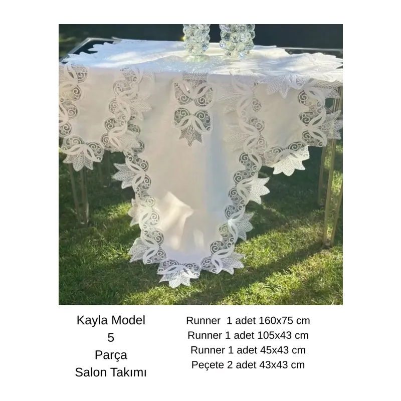 Salon Takımı 5 Parça Keten Masa Örtüsü Runner Seti Çeyizlik Kayla Model No 22252 Krem-Gümüş