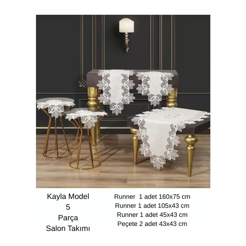 Salon Takımı 5 Parça Keten Masa Örtüsü Runner Seti Çeyizlik Kayla Model No 22252 Krem-Gümüş