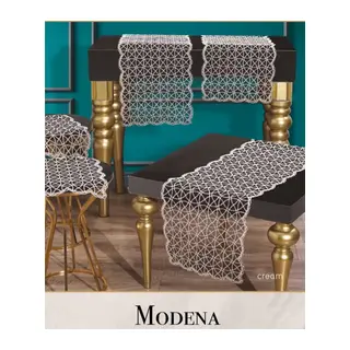 Salon Takımı 5 Parça Tül İşlemeli Masa Örtüsü Runner Seti Çeyizlik Modena Model Krem