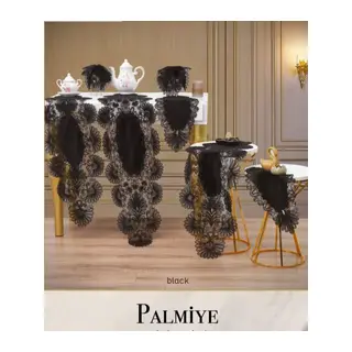 Salon Takımı 5 Parça Keten Masa Örtüsü Runner Seti Çeyizlik Palmiye Model Siyah