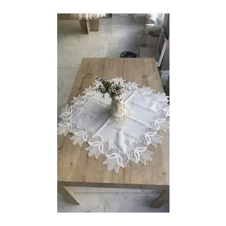 Masa Üzerine Runner, Sehpa Örtüsü Fransız Dantel Detaylı Kare 88x 88 cm Kayla Kreme Gümüş