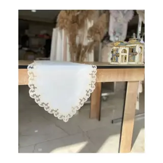 Masa Üzerine Runner, Sehpa Örtüsü Fransız Dantel Detaylı Lale 40 x 145 cm Krem
