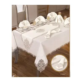 Elegant Linen Krem-Gümüş 12 Kişilik 26 Parça 160 × 260 cm Runner Premium Sofra Masa Takımı