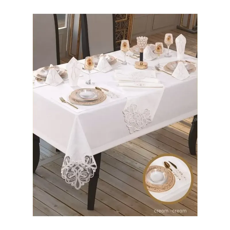 Taç Keten Krem-Krem 160 × 260 cm suplalı masa seti