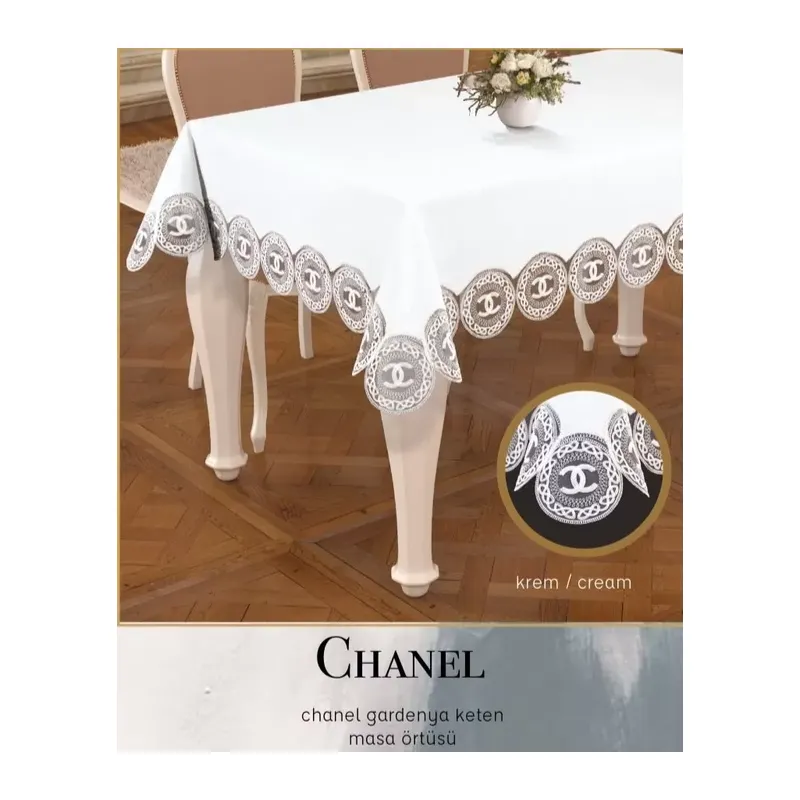 160x260 cm Chanel Model Gardenya Keten Krem-Krem Masa Örtüsü Şık Dekoratif