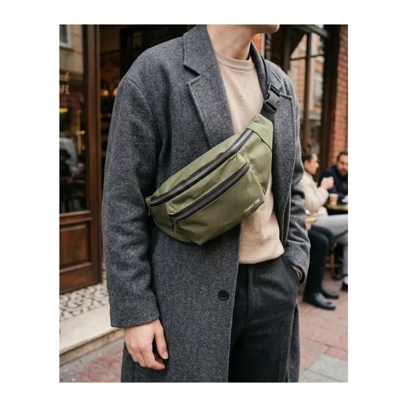 Haki Unisex Bel Çantası Çapraz Askılı Günlük Kullanım Fermuarlı 30x13 cm