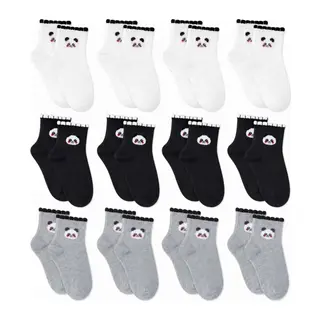 Kadın Panda Desenli Kısa Konç Çorap 12'li Paket, %80 Pamuklu Dikişsiz Burun, Nefes Alan Yumuşak Bilek Çorabı, Siyah Beyaz Gri