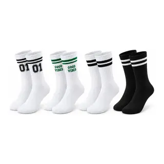 Unisex Çorap Çizgili 4'lü Set 07 Good Vibes Yazılı Siyah Beyaz Uzun Soket Spor Kolej Stil Rahat Şık