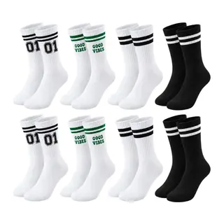Unisex Çorap Çizgili 8'li Set 07 Good Vibes yazılı Siyah Beyaz Uzun Soket Spor Kolej Stil Çorap