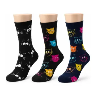 Unisex Kedi Desenli Çorap 3'lü Set Pamuklu Renkli Uzun Soket Dikişsiz Nefes Alan Rahat Günlük Çorap