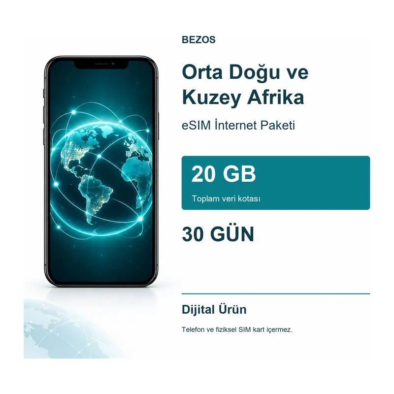 Orta Doğu ve Kuzey Afrika eSIM İnternet Paketi 20 GB 30 Gün