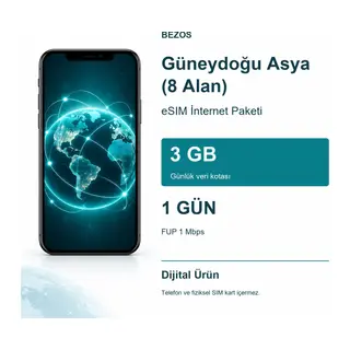 Güneydoğu Asya (8 Alan) eSIM İnternet Paketi Günlük 3 GB 1 Gün - FUP 1 Mbps