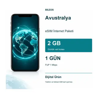 Avustralya eSIM İnternet Paketi Günlük 2 GB 1 Gün - FUP 1 Mbps