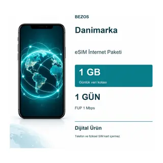 Danimarka eSIM İnternet Paketi Günlük 1 GB 1 Gün - FUP 1 Mbps