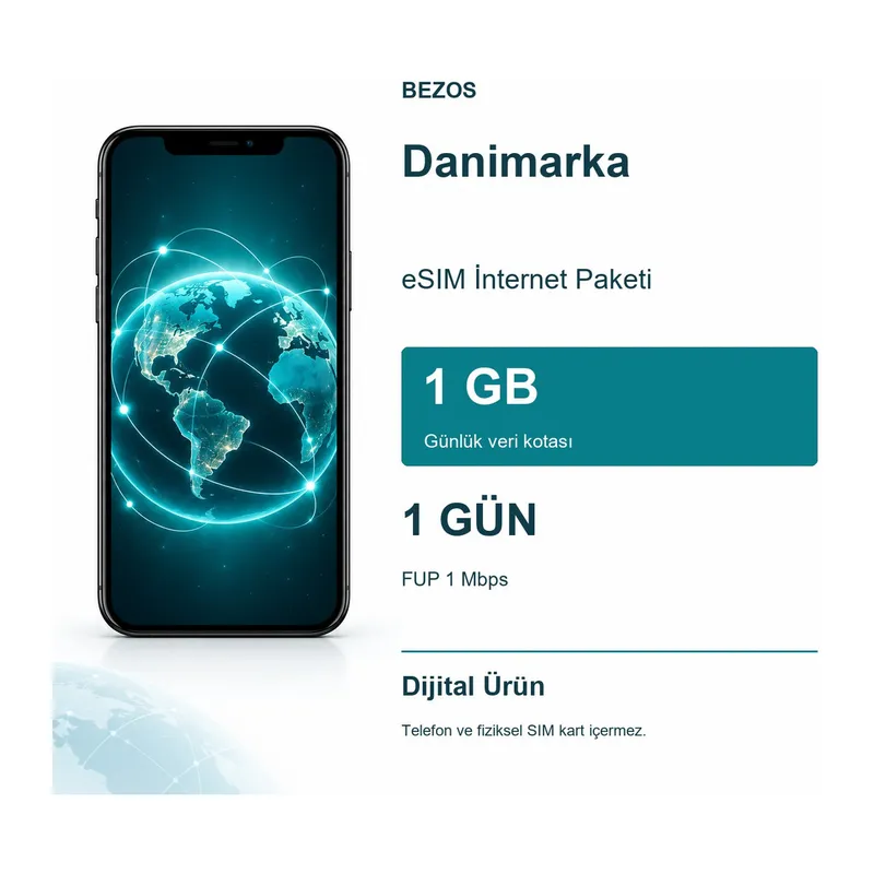 Danimarka eSIM İnternet Paketi Günlük 1 GB 1 Gün - FUP 1 Mbps