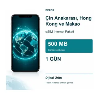 Çin Anakarası, Hong Kong ve Makao eSIM İnternet Paketi Günlük 500 MB 1 Gün