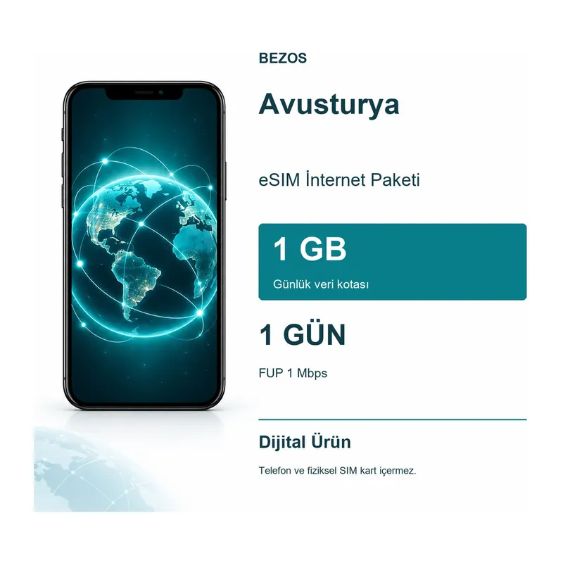 Avusturya eSIM İnternet Paketi Günlük 1 GB 1 Gün - FUP 1 Mbps