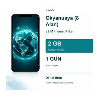 Okyanusya (8 Alan) eSIM İnternet Paketi Günlük 2 GB 1 Gün - FUP 1 Mbps
