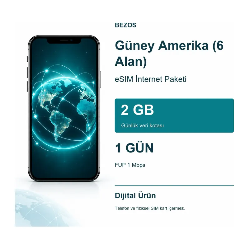Güney Amerika (6 Alan) eSIM İnternet Paketi Günlük 2 GB 1 Gün - FUP 1 Mbps