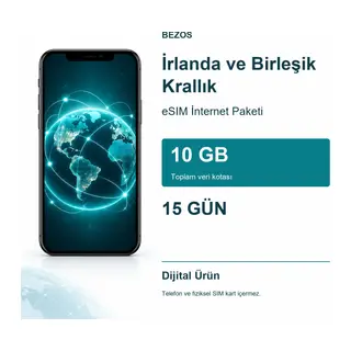 İrlanda ve Birleşik Krallık eSIM İnternet Paketi 10 GB 15 Gün